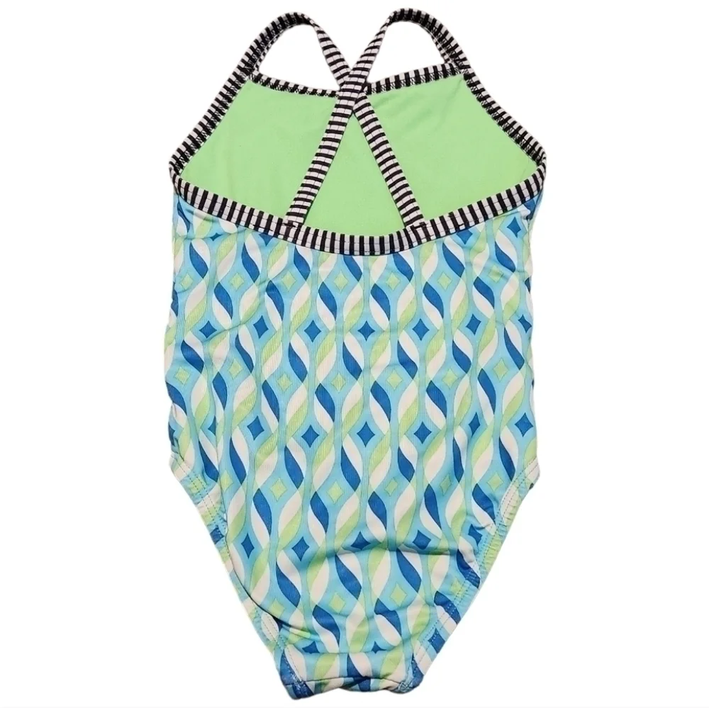 DOLFIN Girl's Blue Green and White One Piece Swim Suit, size 8